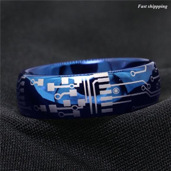 Men's Wedding Band - Dome Brushed Blue Laser Circuit Board Ring for Men & Women - Picture 5 of 6